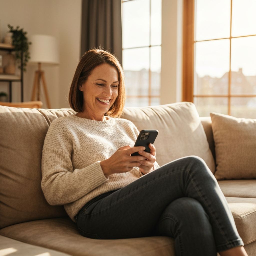 Woman smiling while using her smartphone